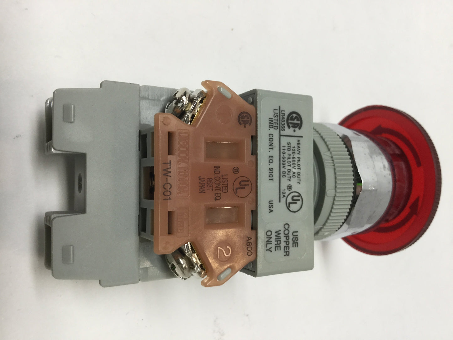 Used Idec AVLW49902D-R-24V Illuminated Emergency E-Stop Pushbutton Switch, 24V LED