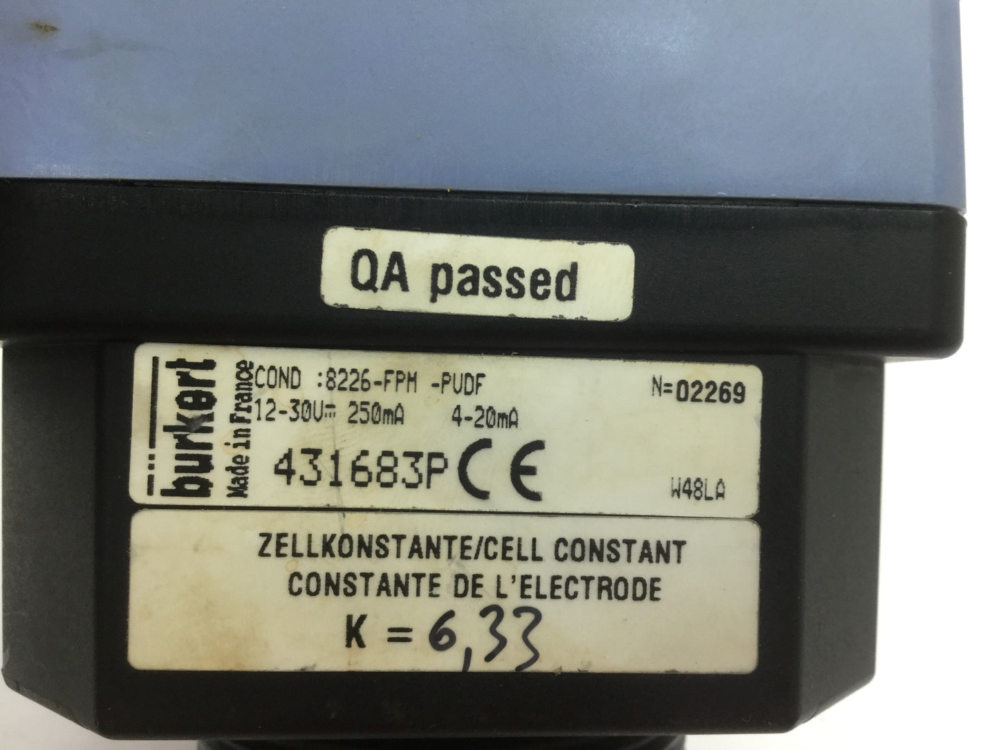 Used Burkert 8226-FPM-PVDF Easy CON Digital Inductive Conductivity Sensor 4-20 mA