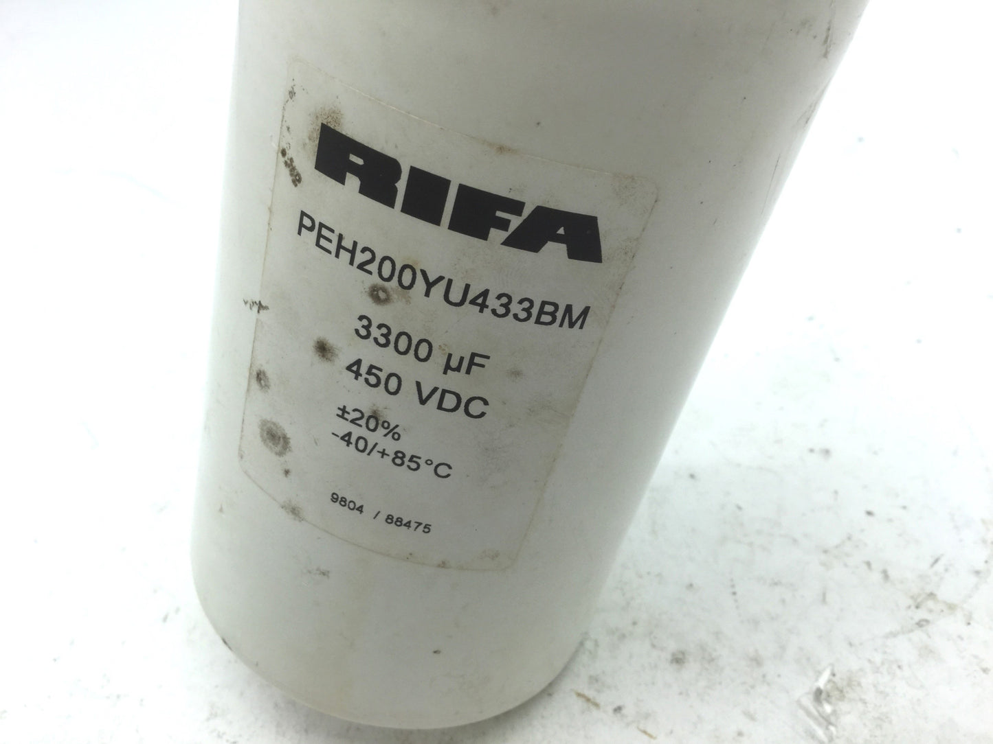 Used Rifa PEH200YU433BM Capacitor, Rating: 3300µF 450VDC 3" Diameter x 5.5" Long