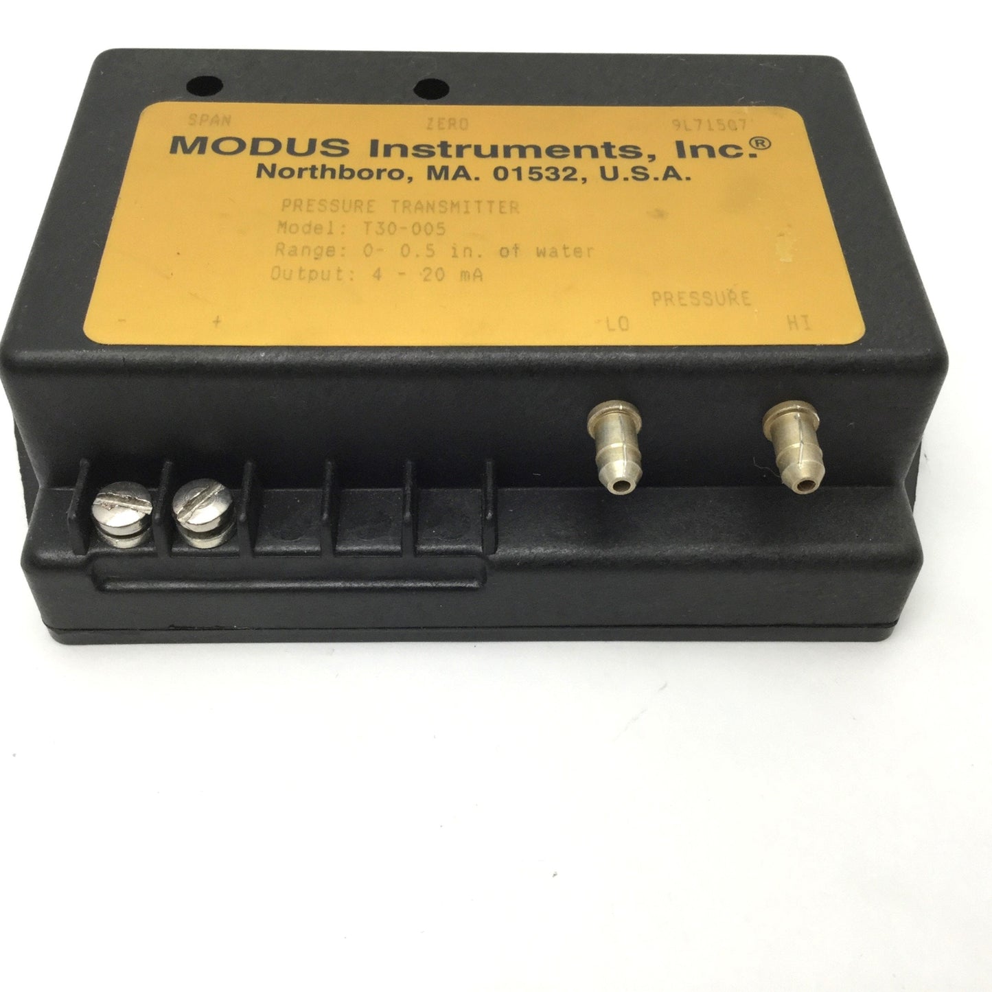 Used Modus T30-005 Differential Pressure Transmitter 0-0.5inH2O, 4-20mA Out, 11-32VDC