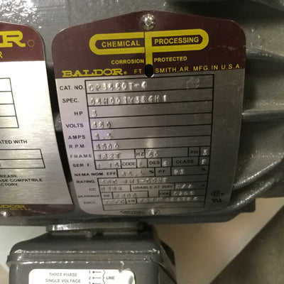 Used Baldor CP3660T-4 AC Motor, Power: 3HP, Frame: 182T, 460V 3-Phase, Shaft 1.125"