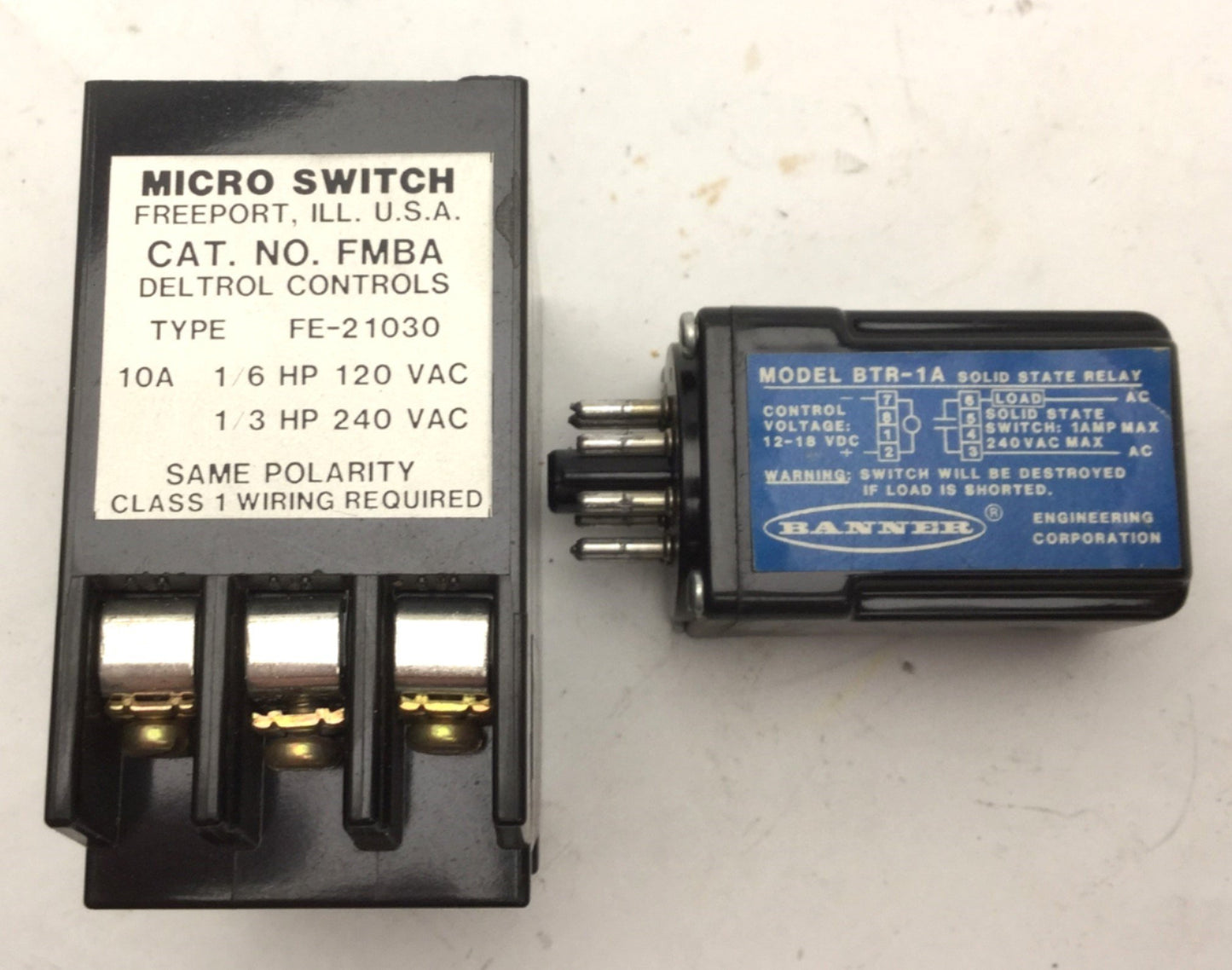 Used Banner BTR-1A Solid State Relay & Micro Switch FMBA, 1/6HP 120VAC, 1/6HP 240VAC