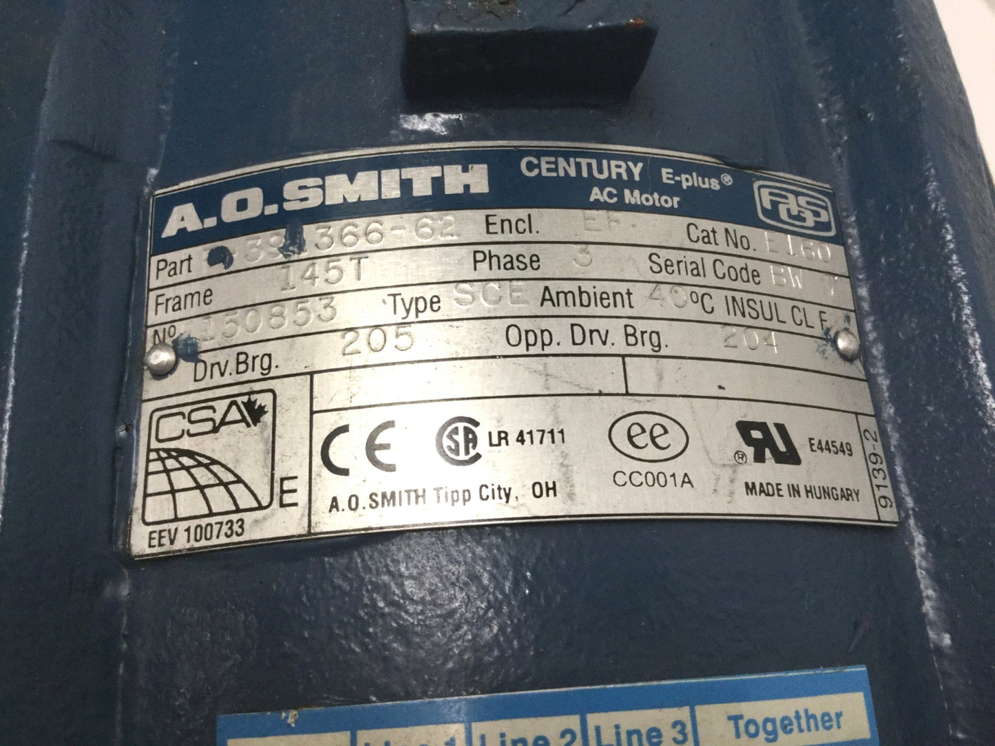 Used A.O. Smith F-391366-62 E-Plus AC Motor 1HP, 230/460VAC 3PH, 1150RPM, Frame 145T