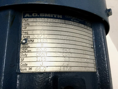Used A.O. Smith F-391366-62 E-Plus AC Motor 1HP, 230/460VAC 3PH, 1150RPM, Frame 145T