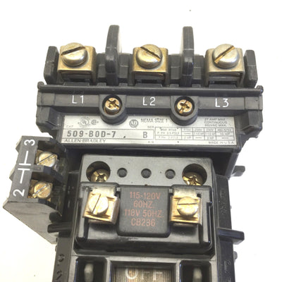 Used Allen Bradley 509-BOD-7 Starter, Overload Relay, Auxiliary Contact Max: 600VAC