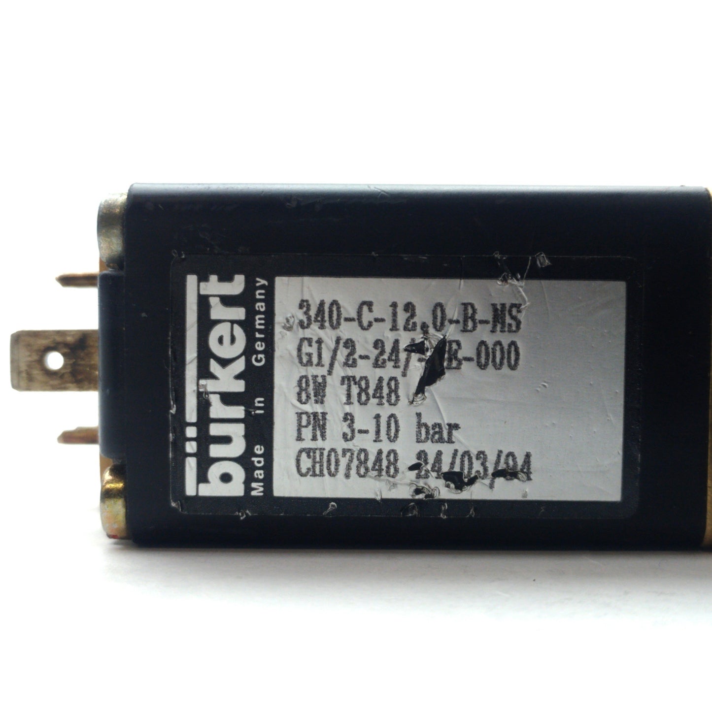 Used Burkert 340-C-12.0-B-MS Solenoid Valve 3/2-Way 3-10bar 1/2"NPT 3/8"NPT 240VAC 8W