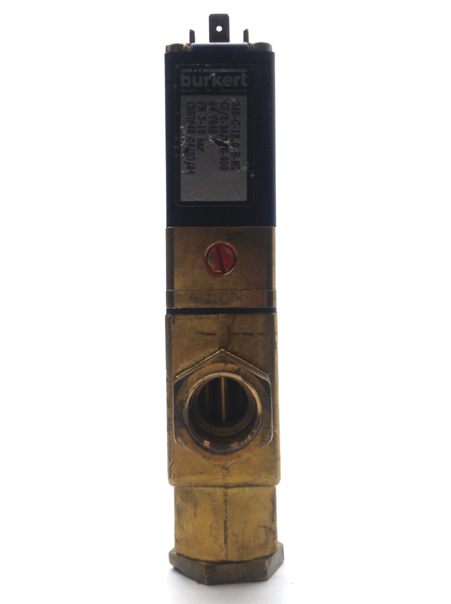 Used Burkert 340-C-12.0-B-MS Solenoid Valve 3/2-Way 3-10bar 1/2"NPT 3/8"NPT 240VAC 8W