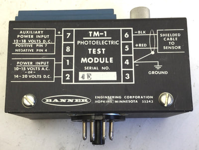 New Other Banner TM-1 Photoelectric Test Module, Input: 10-15VAC/14-20VDC, 8-PIN