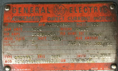 Used GE CD228AT KINAMATIC DC Shunt Motor 30HP 500VDC 1750/2300RPM, Field 300/150VDC