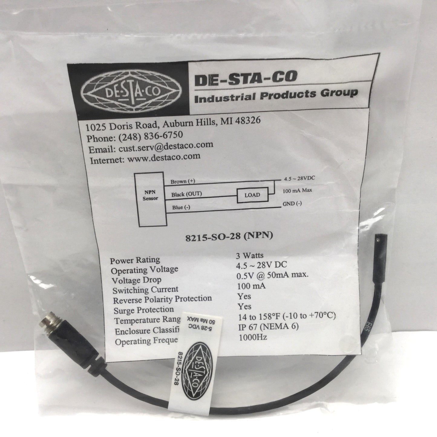 New DE-STA-CO 8215-SO-28 NPN Reed Switch, 4.5-28V DC, 100mA, IP67, 14 to 158øF