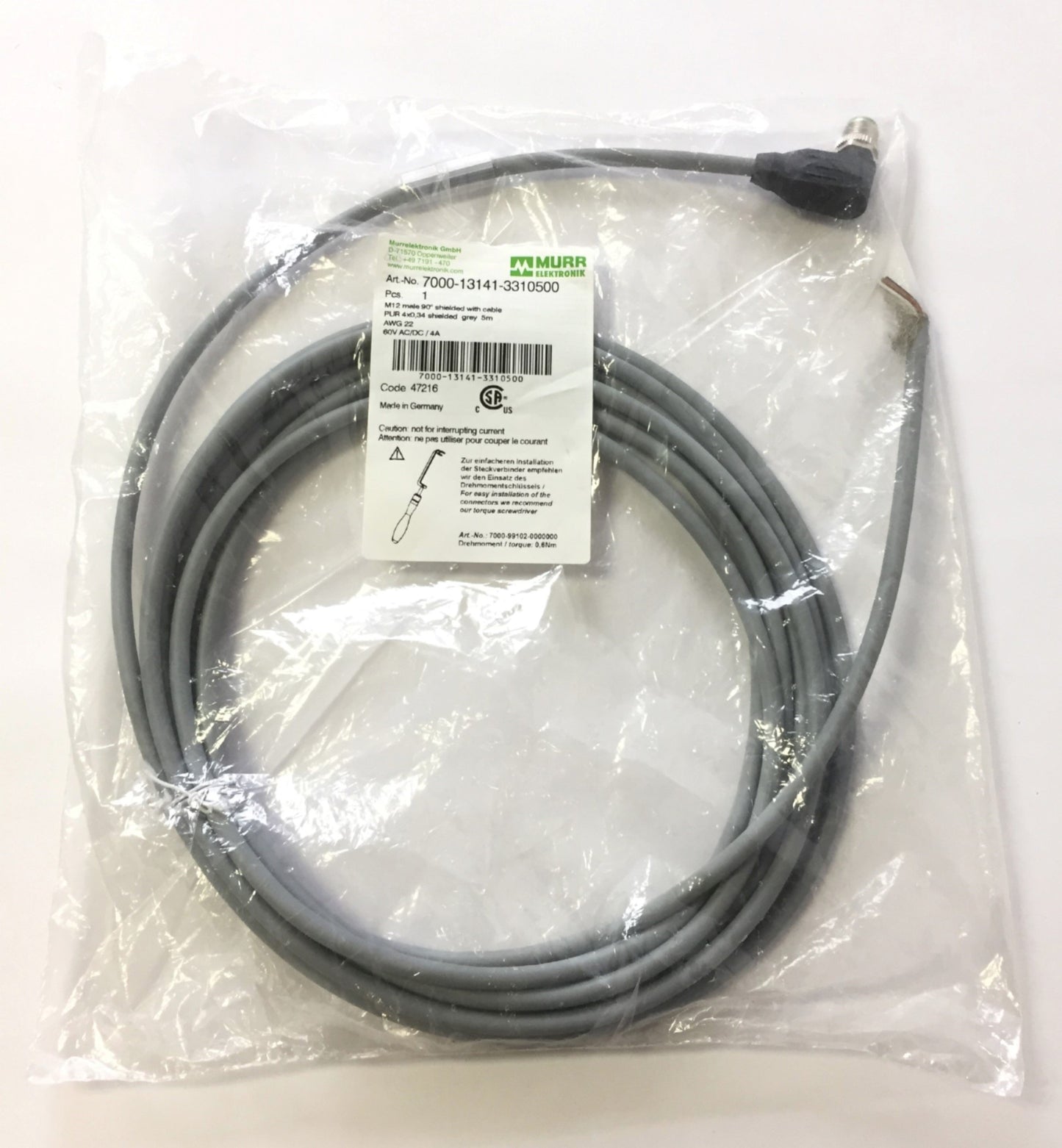 New Murr Elektronik 7000-13141-3310500 Cable Cordset M12 Male 90, 4-Pin, Length: 5m