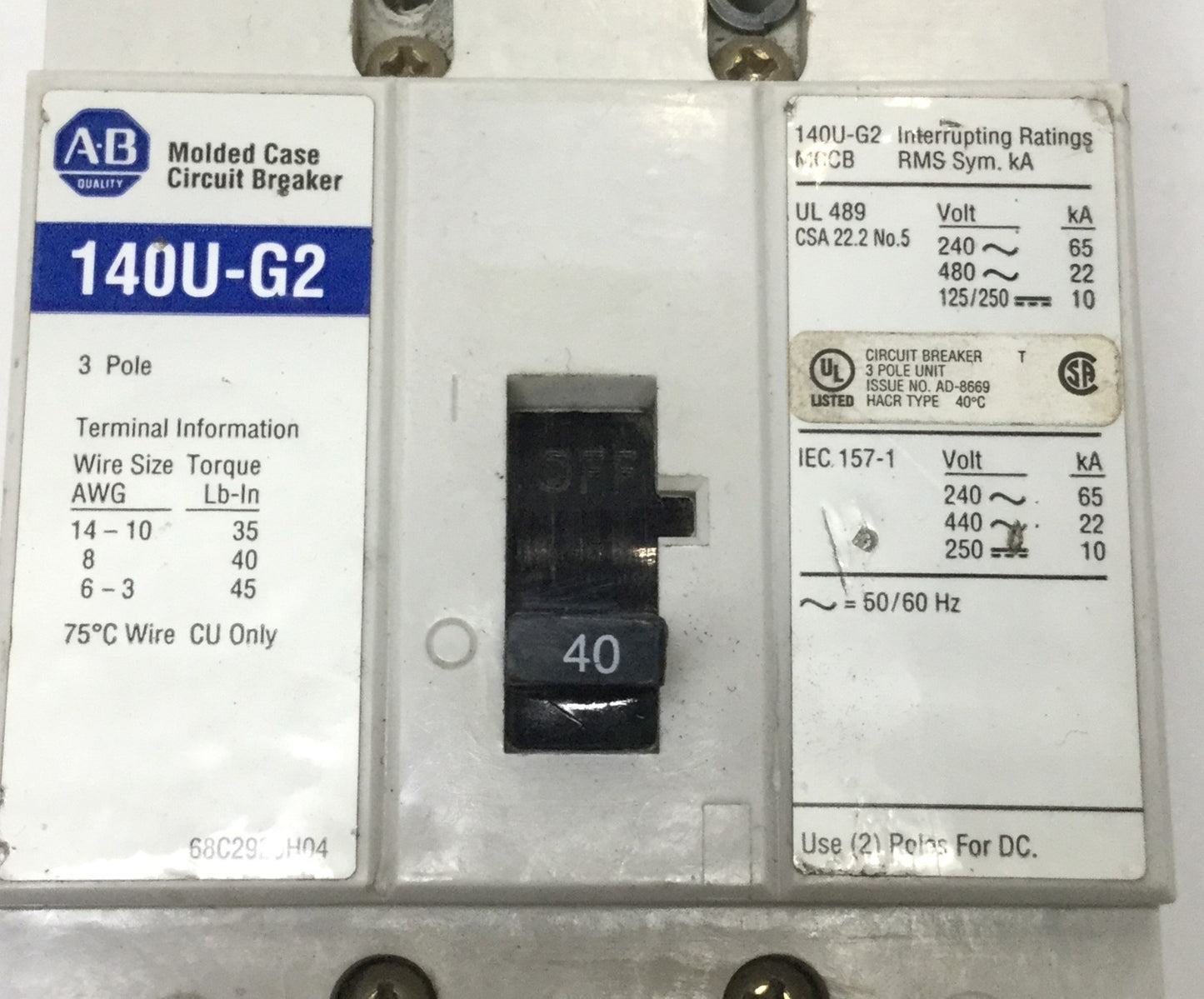 Used Allen-Bradley 140U-G2 Molded Case Circuit Breaker 40A, 3-Pole, 240/480VAC