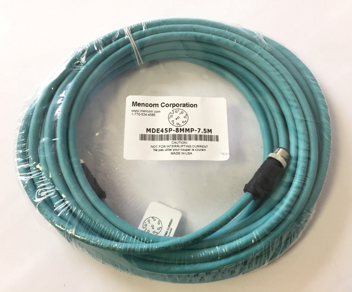 New Mencom MDE45P-8MMP-7.5M Ethernet Network Cordset, M12 / M12 Male Straight, 7.5M