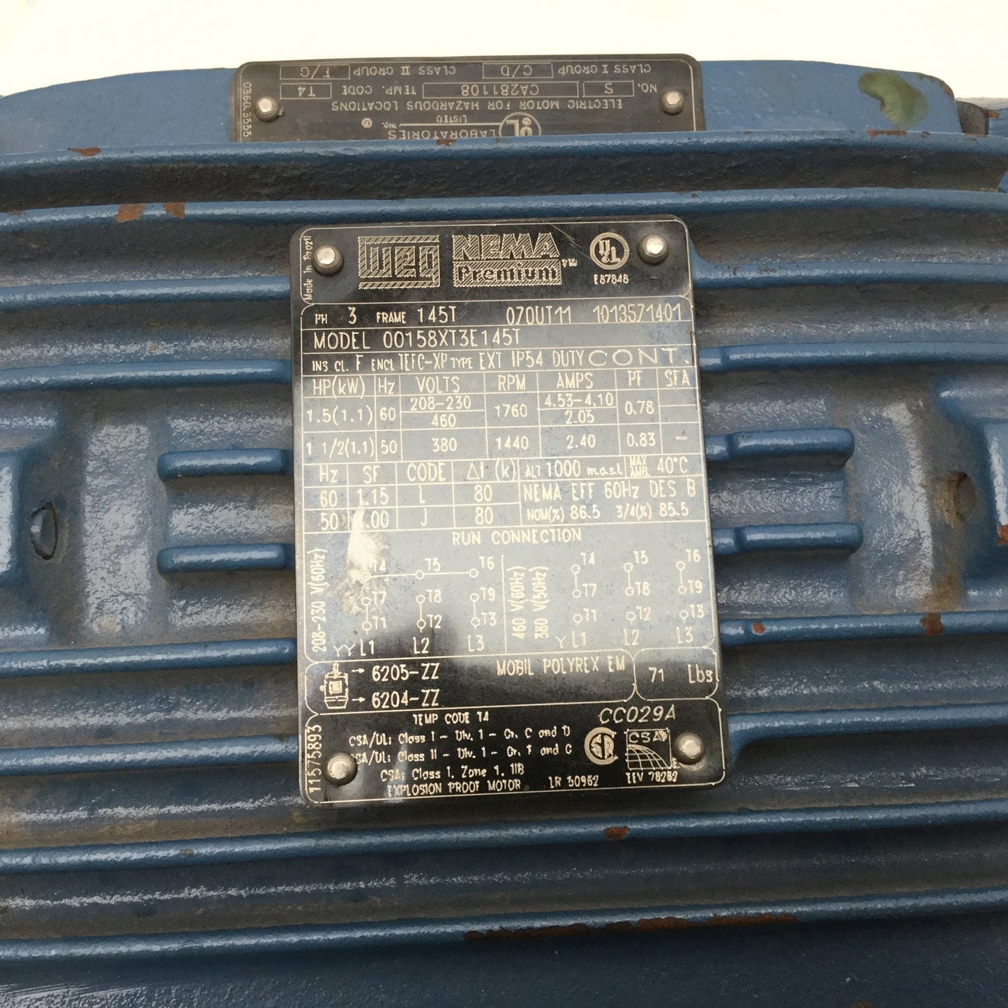 Used WEG 00158XT3E145T 3-Phase 1.5 HP Hazardous Location Motor 1760RPM 208-230/460VAC