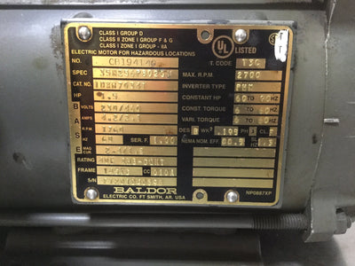 Used Baldor IDXM7034T AC Motor, 1.5HP, 2700RPM, 145TC Frame, 7/8" Shaft, 230/460AC