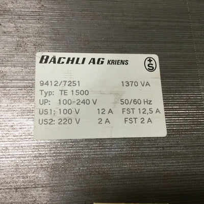 Used Bachli AG 9412/7251 TE1500 Transformer, Rating: 1370VA, Pri: 100-240V 50/60Hz