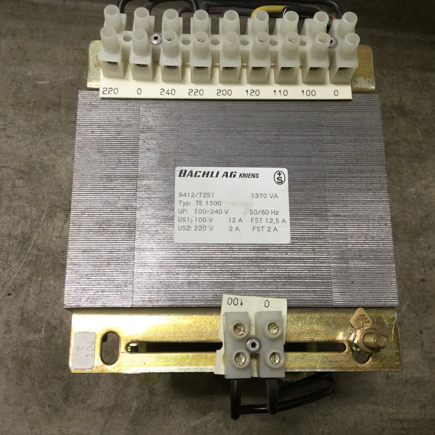 Used Bachli AG 9412/7251 TE1500 Transformer, Rating: 1370VA, Pri: 100-240V 50/60Hz