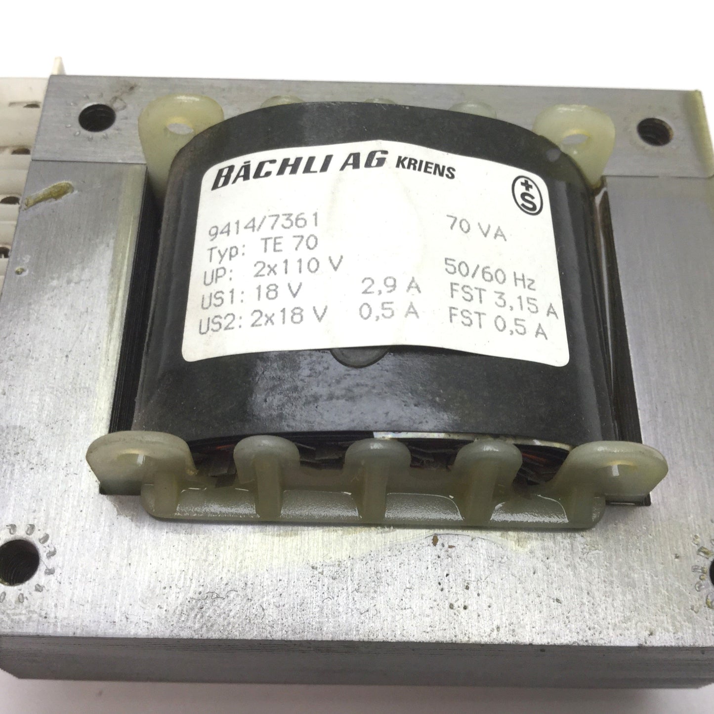 Used Bachli AG 9414/7361 TE70 Transformer, Rating: 70VA, Pri: 110V 50/60Hz, Sec: 18V