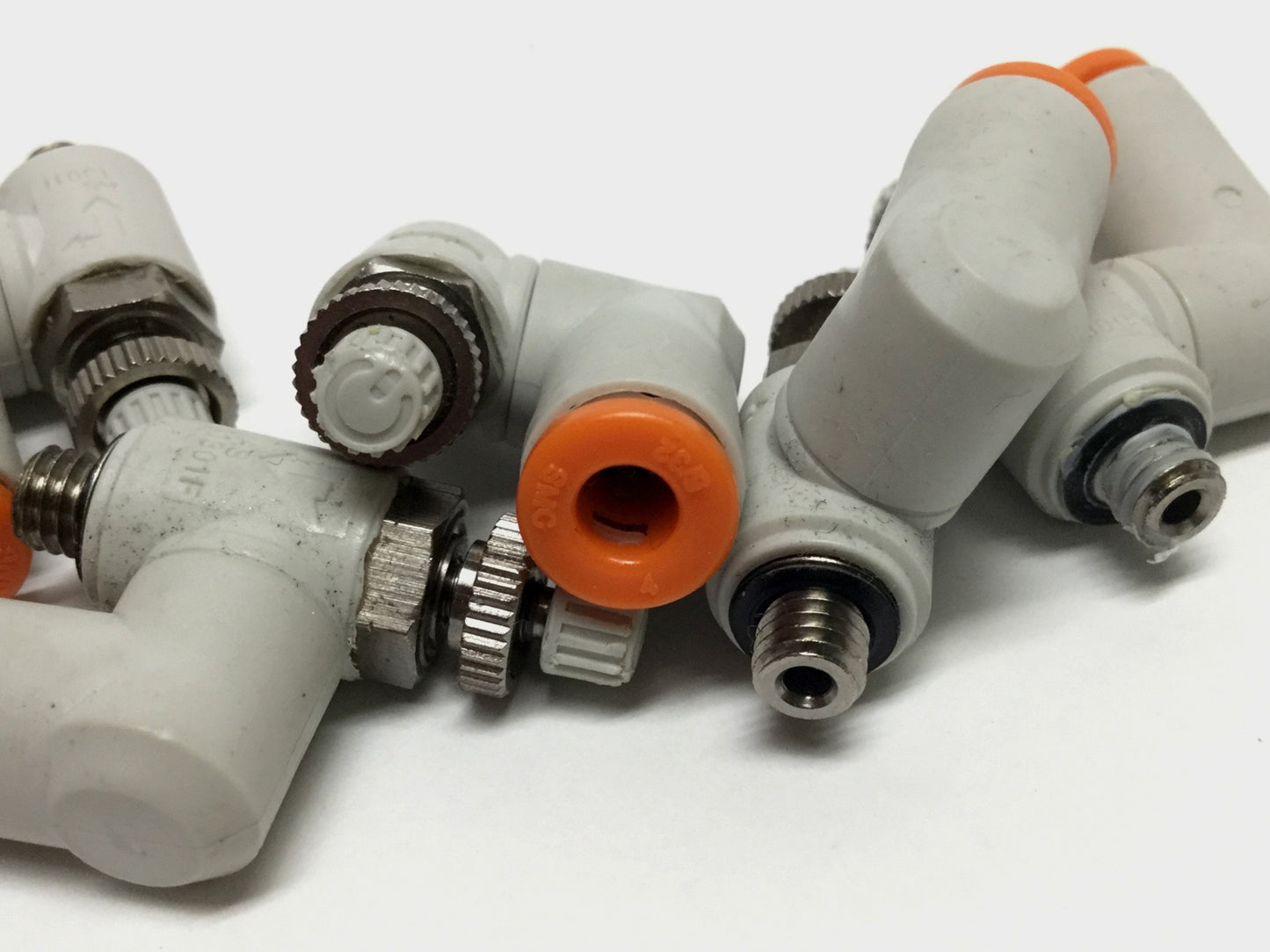 Used Lot of 5 SMC AS1301F-M5-03 Elbow Flow Control Fitting, M5 Thread, 5/32" Tubing