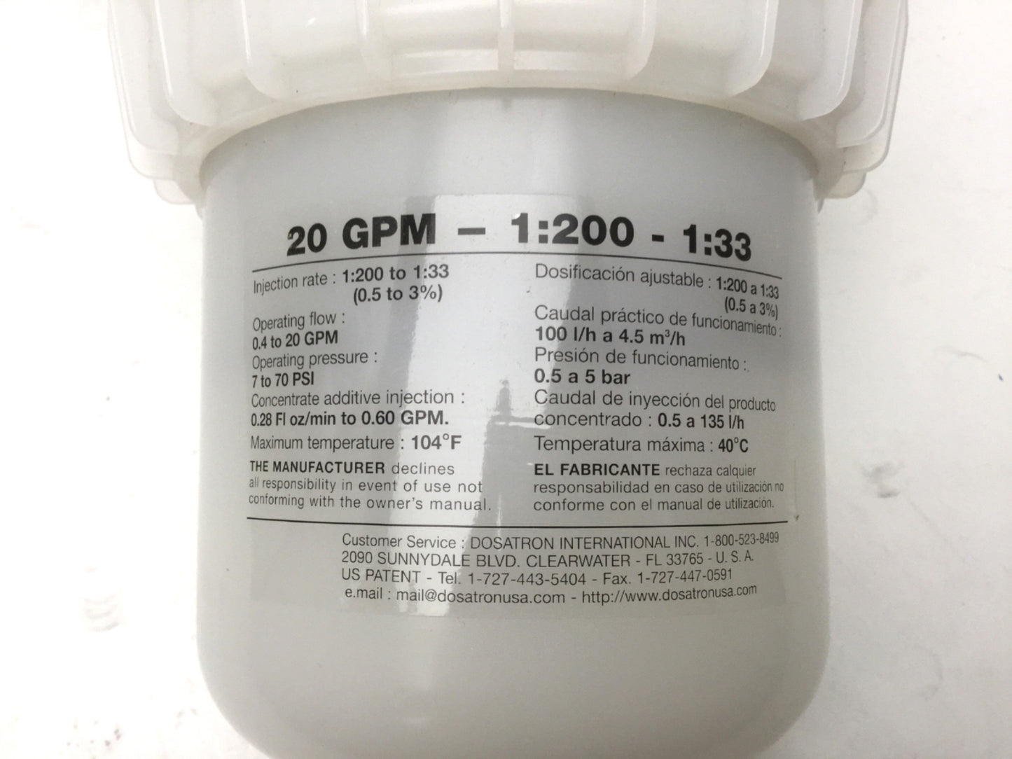 New Dosatron D45REIE3AFPII Water Powered Dosing Unit 0.4-20GPM 1:200 to 1:33 7-70psi