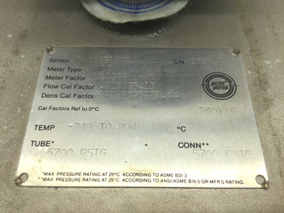 Used Micro Motions DH006S100SU Mass Flow Sensor Meter Type 10 Max: 5700 PSIG