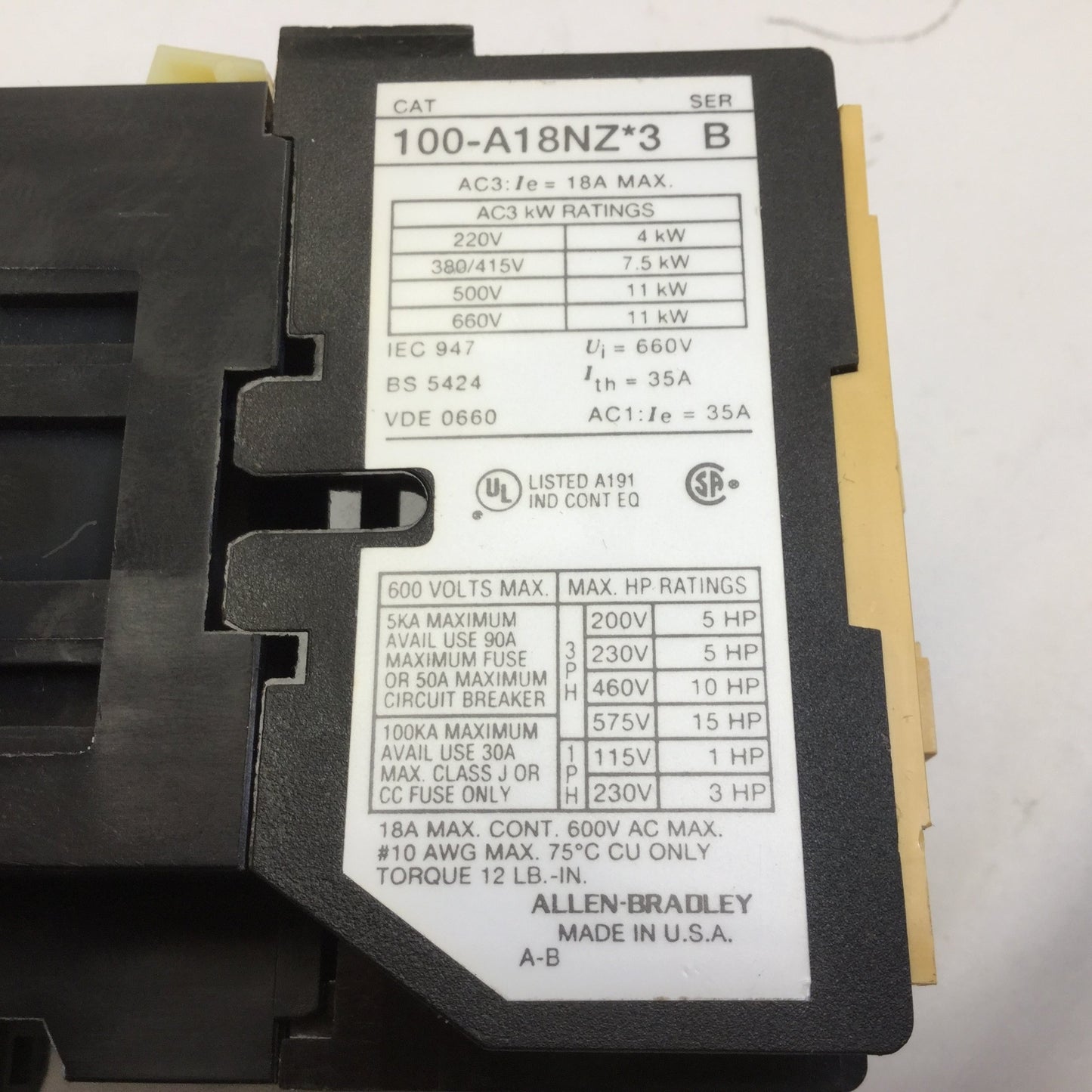 Used Allen Bradley 100-A18NZ243 Motor Starter, 4-Pole, 660VAC Max, 35A, 24VDC Coil