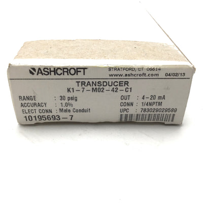 New Ashcroft K17M0242C130# Pressure Transducer/Transmitter Vacuum-30psig 10-36VDC