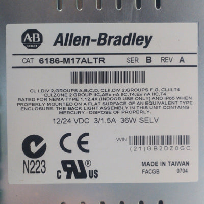 Used Allen-Bradley 6186-M17ALTR VersaView 1700M Industrial Touch Monitor 17" 12/24VDC