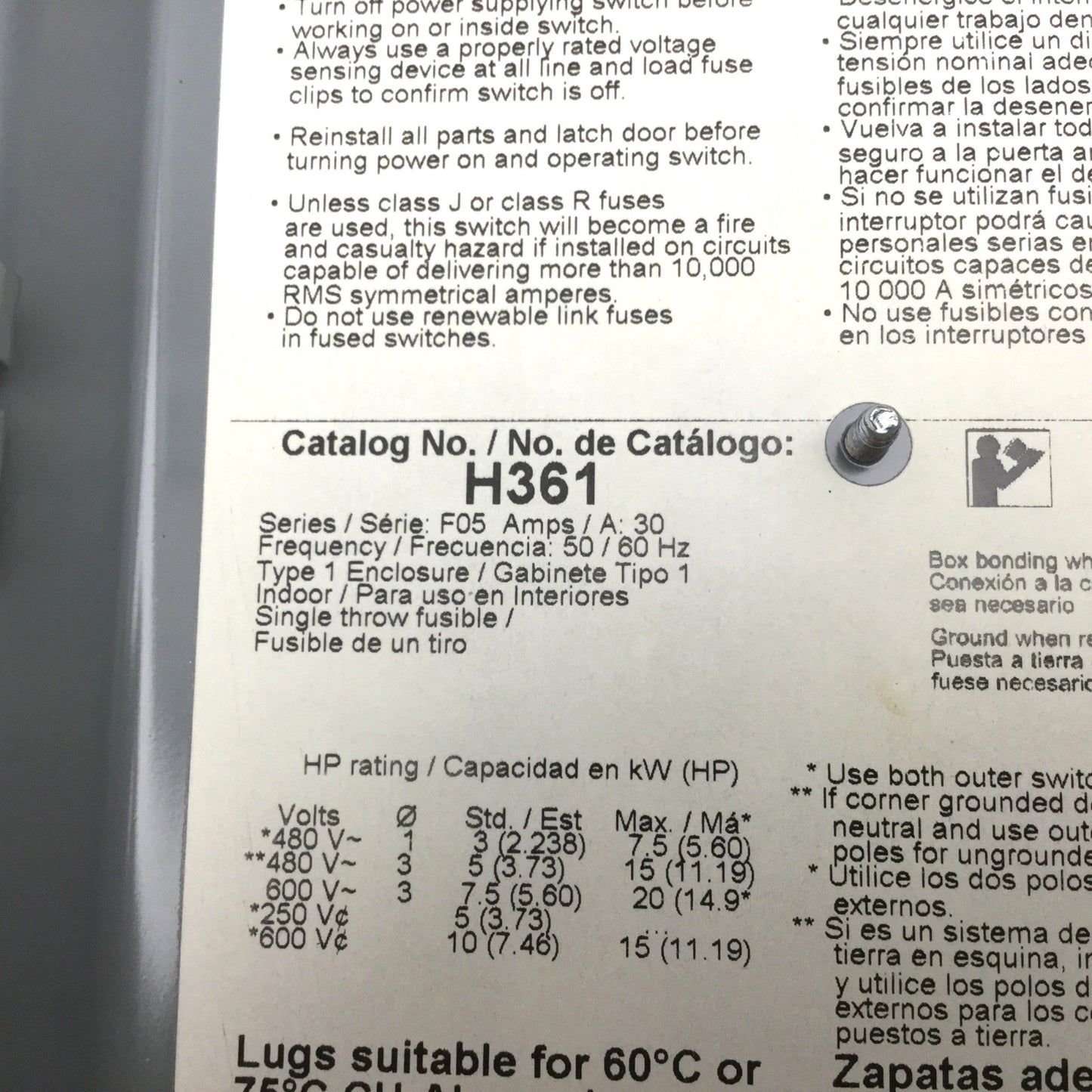 Used Square D HU361 Single Throw Heavy Duty Safety Switch, 600V AC/DC, 30A, 3-Pole