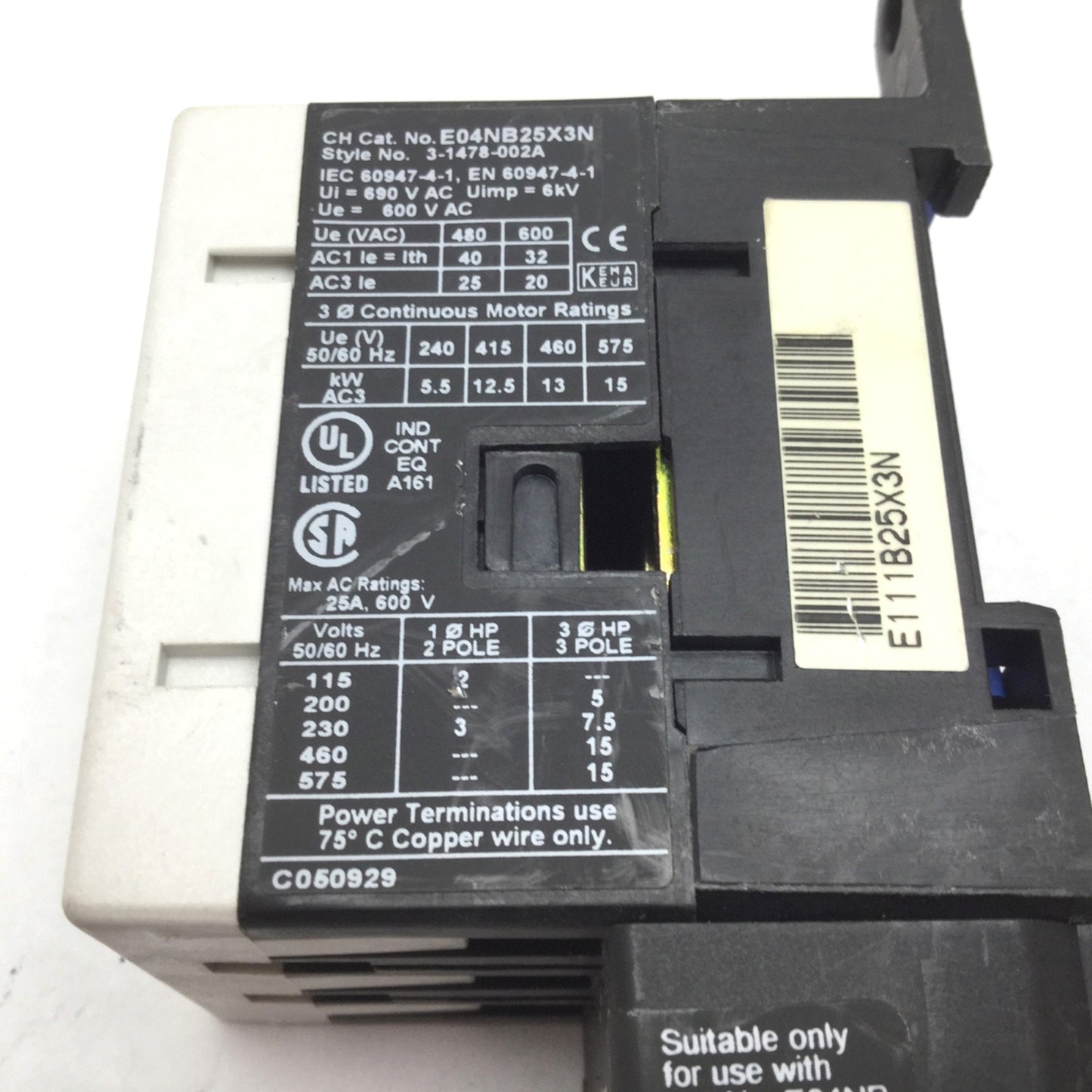 Used Eaton E04NB25X3N Contactor Starter With E02NBXCXNN 24VDC Coil, 600VAC 25A 3-Pole