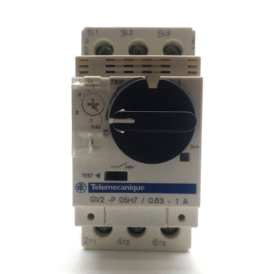 Used Telemecanique GV2-P05H7 Motor Starter/Circuit Breaker, .63-1A, 3-Pole, 480VAC