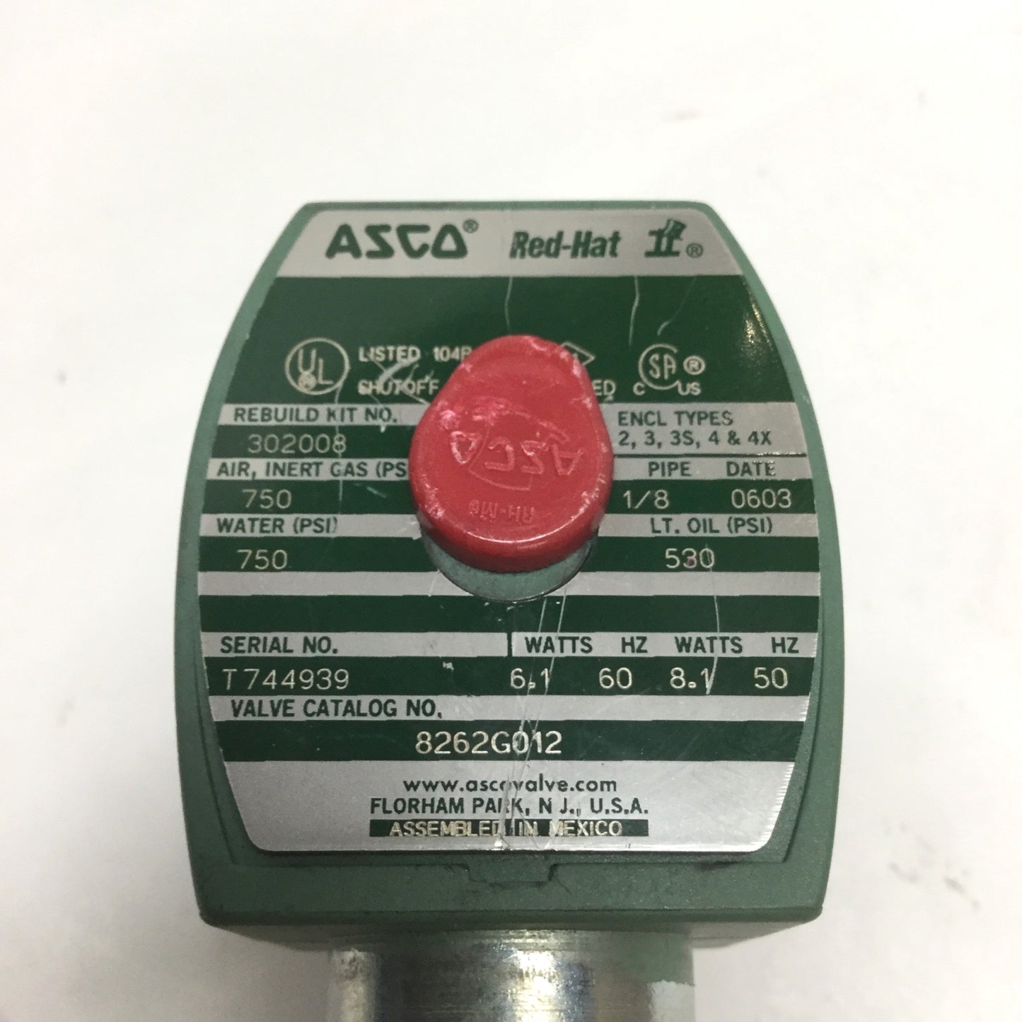 Used Asco 8262G012 Red Hat II Solenoid 2-Way Stainless Shutoff Valve 1/8" NPT, 120VAC