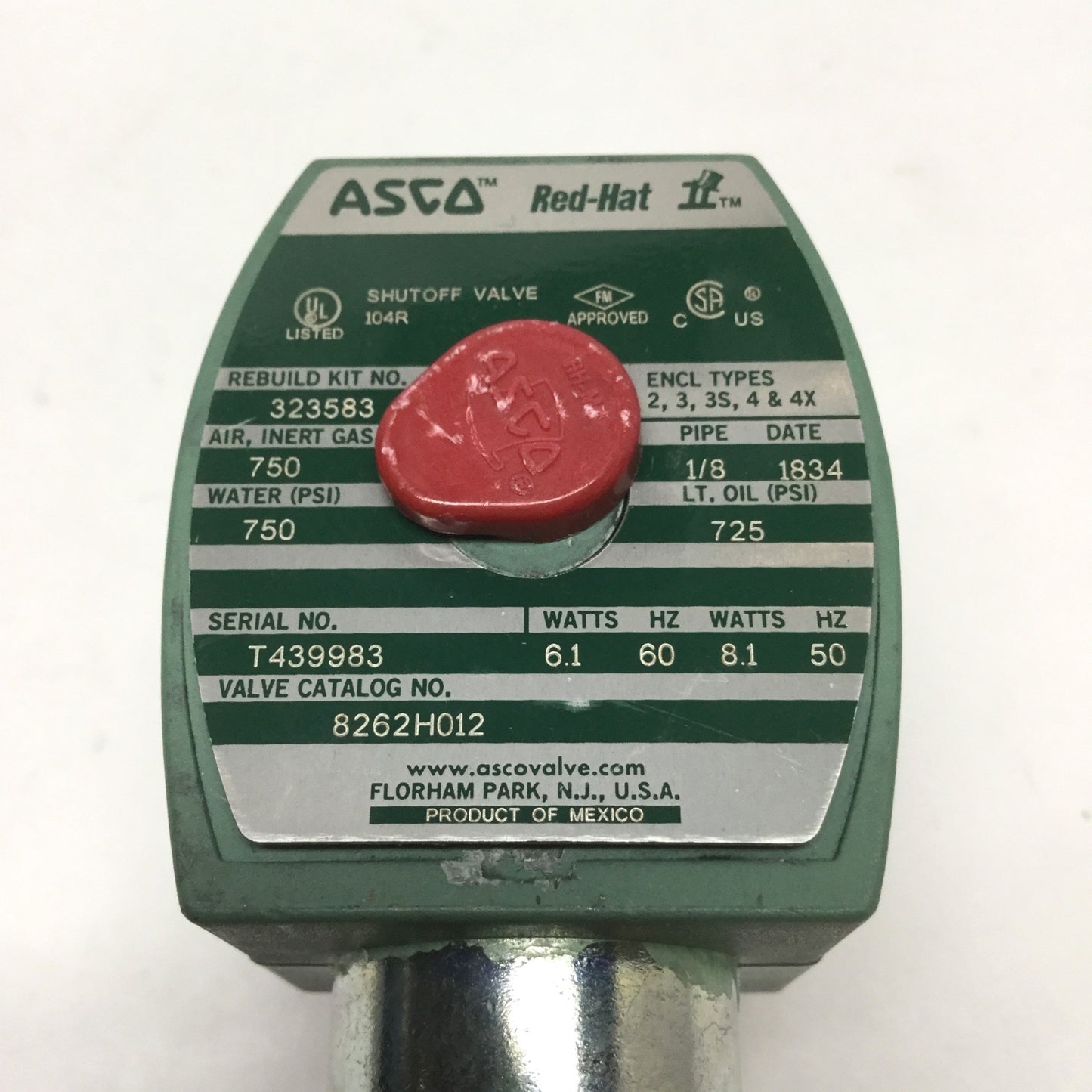 Used Asco 8262H012 Red Hat II Solenoid 2-Way Stainless Shutoff Valve 1/8" NPT, 120VAC