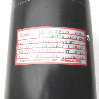 Used Elinco Hysteresis Sync Type-ALHB-346 AC Motor 1/50HP 3600RPM, 5/16", 1PH, 115VAC