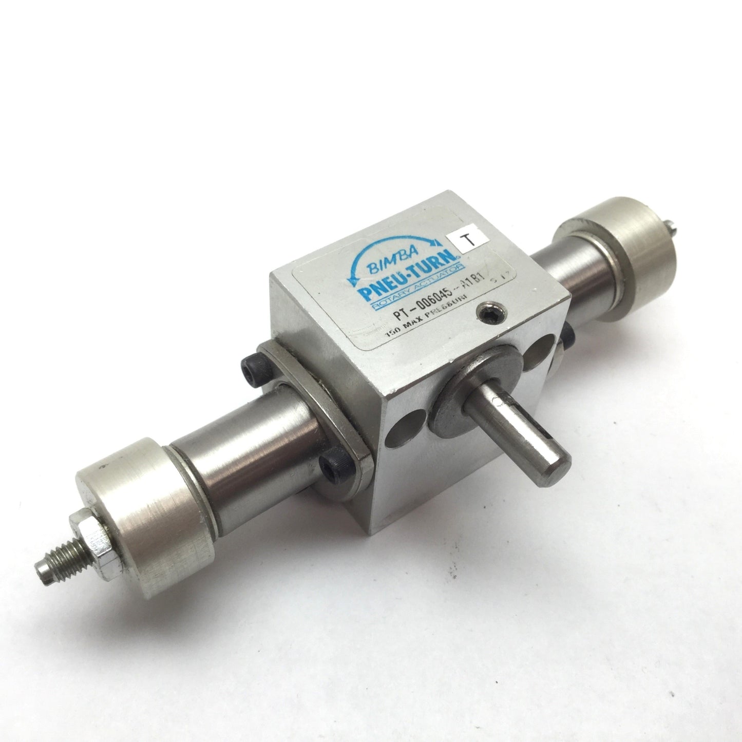 Used Bimba PT-006045-A1B1 Pneu-Turn Rotary Actuator, 45°, Bore: 9/16", Shaft: 1/4"