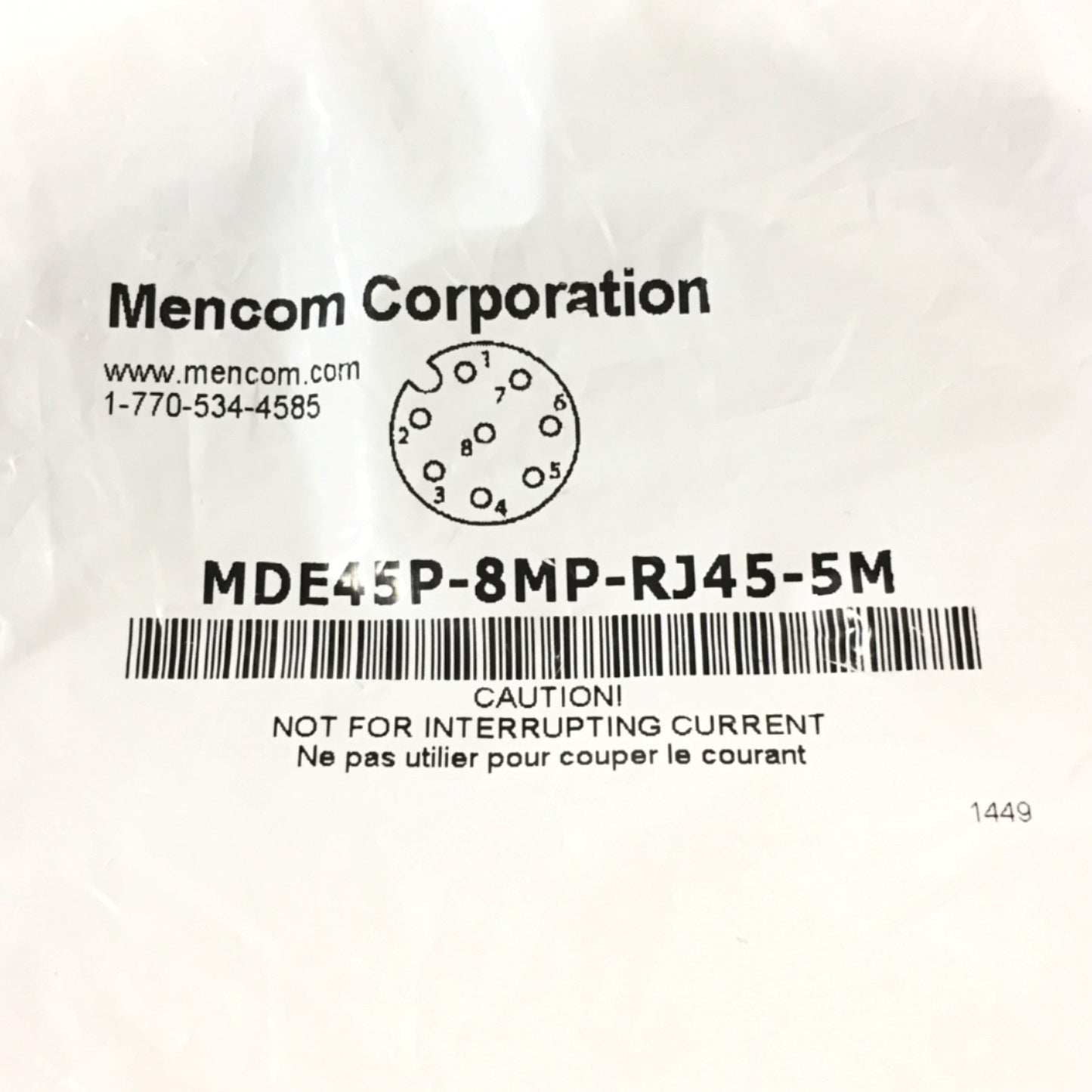 New – Open box Mencom MDE45P-8MP-RJ45-5M Ethernet Network Cordset, M12 Male Straight RJ45, 5M