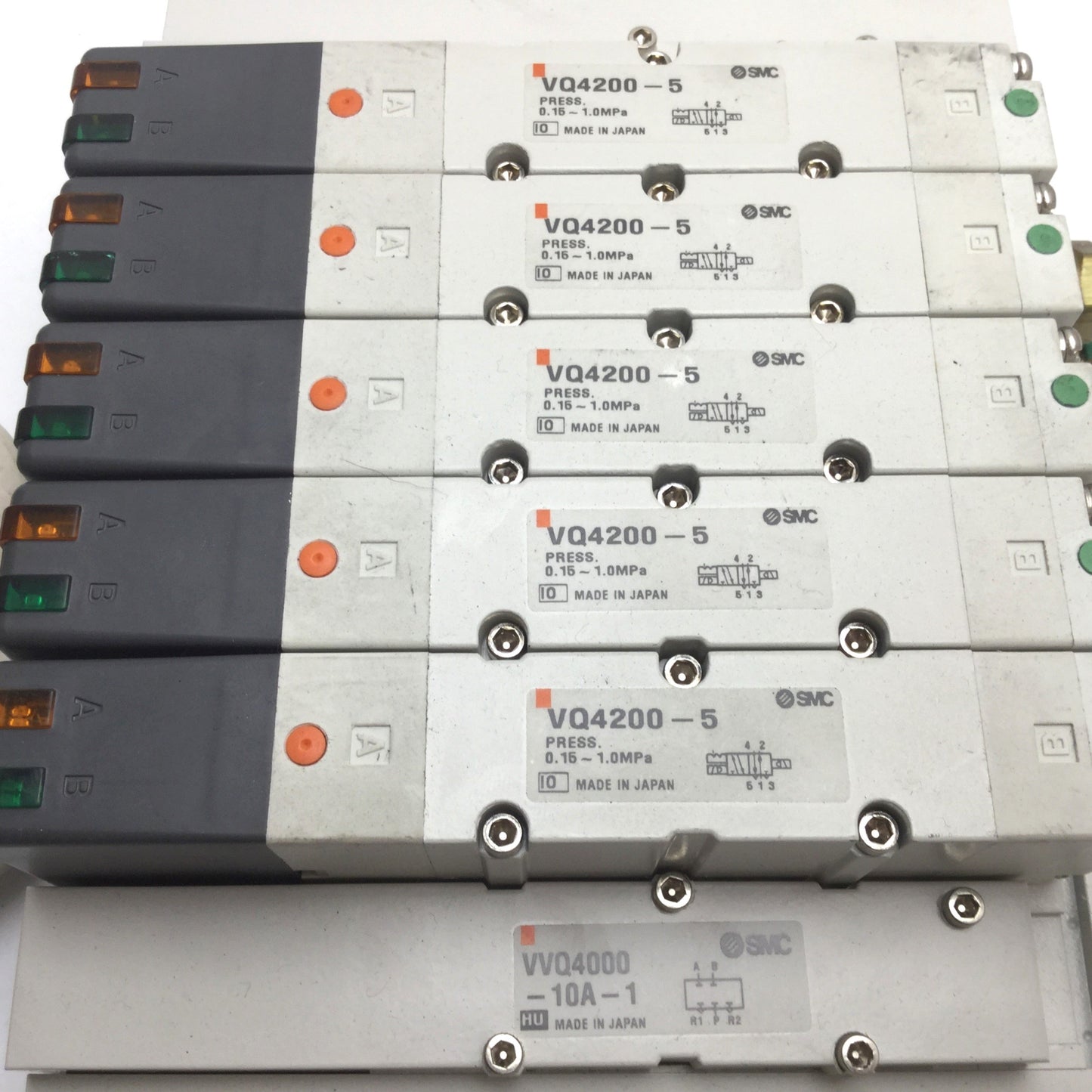 Used Bank of 5 SMC VQ4200-5 Solenoid Valve, 2-Position 5-Port, 24VDC, 0.15-1.0MPa