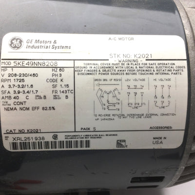 New Other General Electric 5KE49NN8208 AC Motor, 208-230/460V, 3-Phase 60Hz, 1725RPM, 1HP