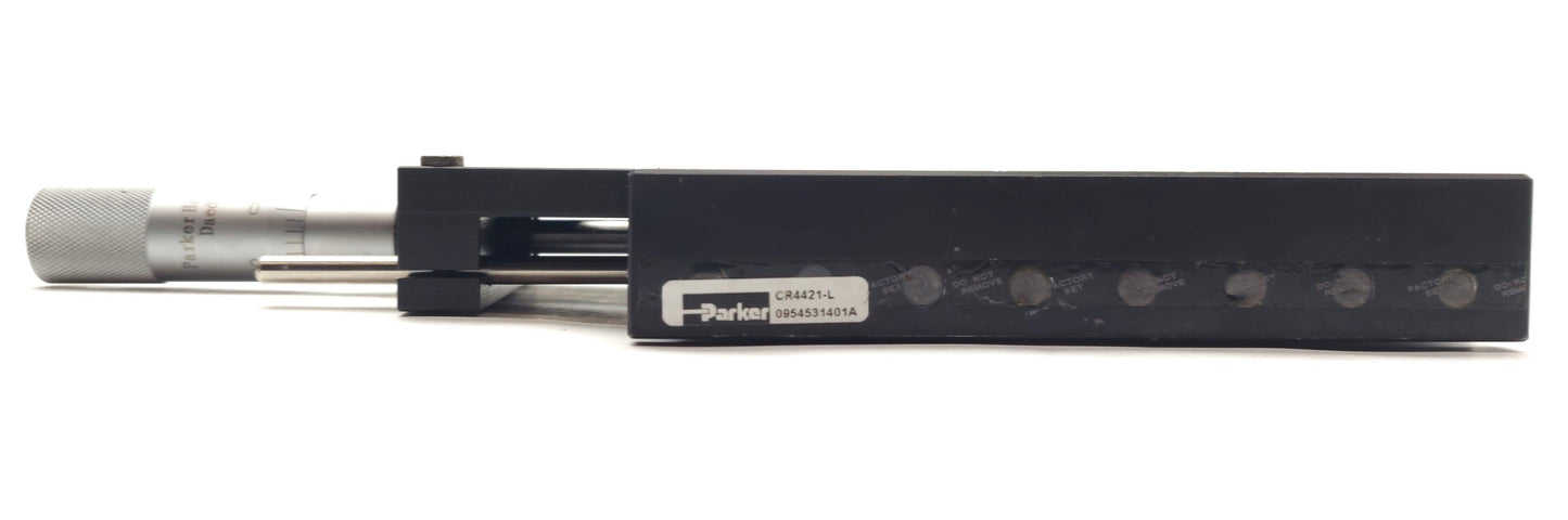 Used Parker CR4421-L Manual Linear Stage, 1" Travel, 5 x 5" Stage w/Micrometer & Lock