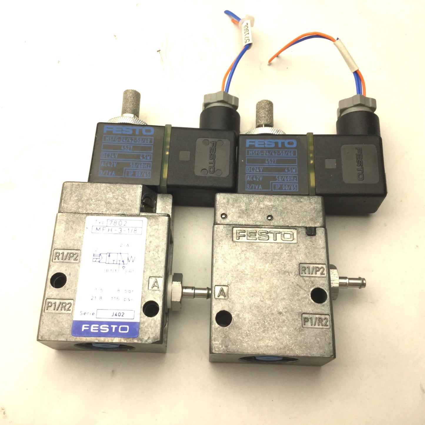 Used Lot of 2 Festo MFH-3-1/8 Solenoid Valve, 2-Pos 3-Way, With MSFG-24/42-50/60