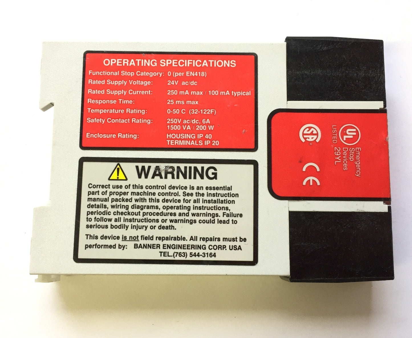 Used Banner ES-FA-9AA Emergency E-Stop Safety Relay Module 24VAC/DC, 3 N/O Contacts