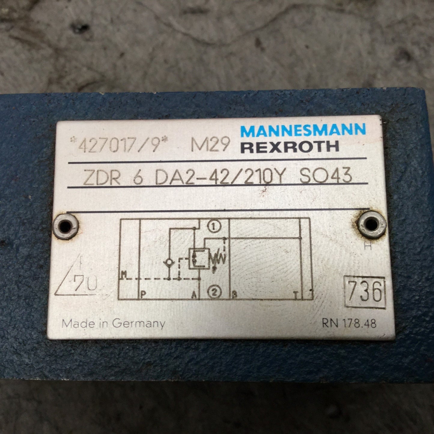Used Bosch Rexroth ZDR 6 DA2-42/210Y SO43 Direct Operated Pressure Reducing Valve