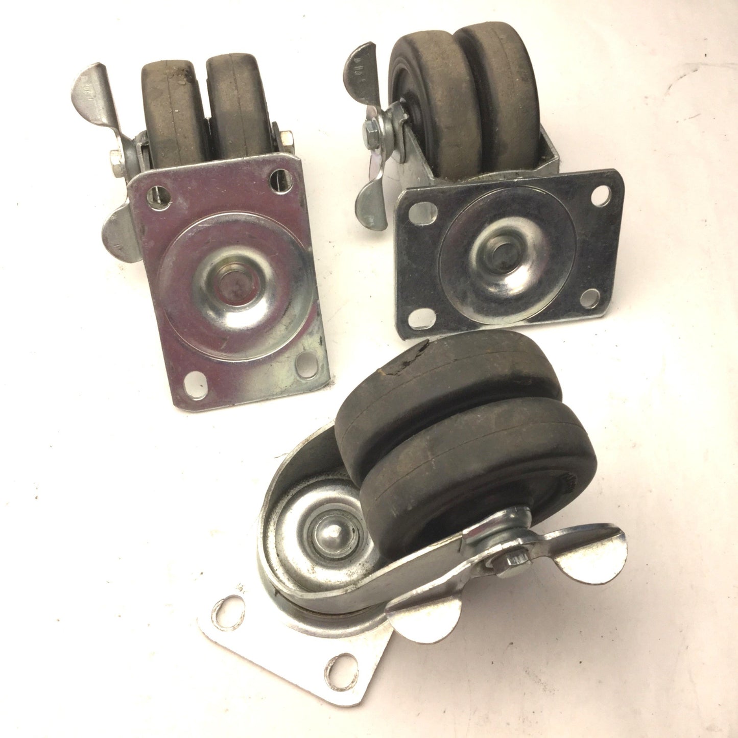Used Lot of 3 Payson Double Wheel Swivel Casters, With Brake Lock, 3" Diameter