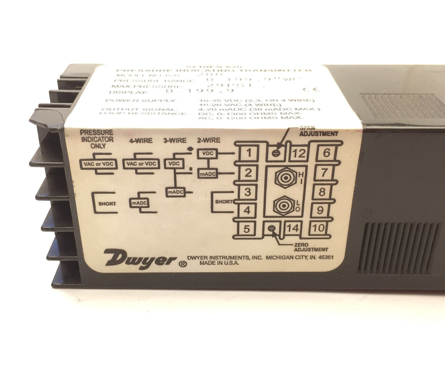 Used Dwyer 620-200 Pressure Indicating Transmitter, 0-199.9" WC, Max Pressure: 29PSI