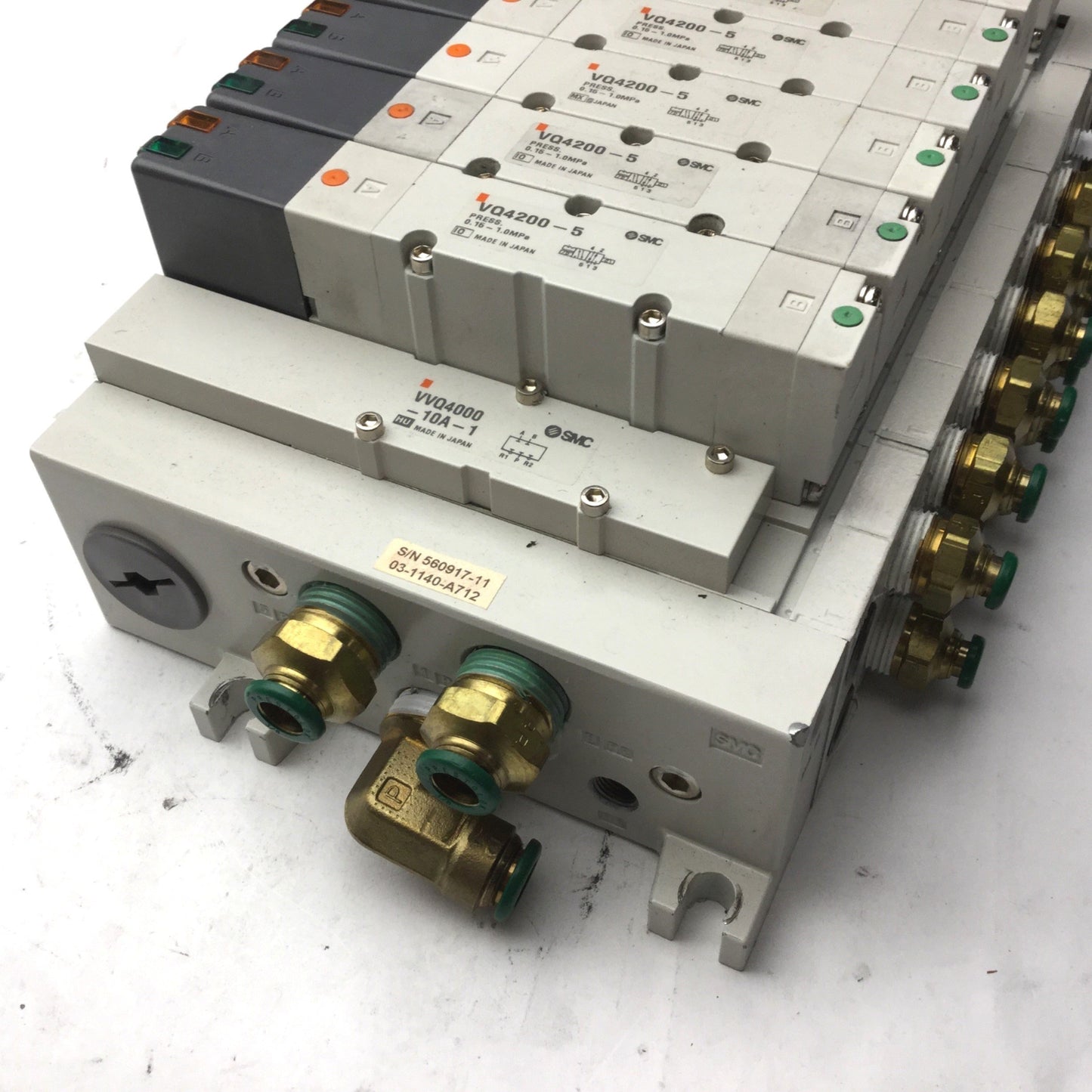 Used Bank of 7 SMC VQ4200-5 Solenoid Valve, 2-Position 5-Port, 24VDC, 0.15-1.0MPa