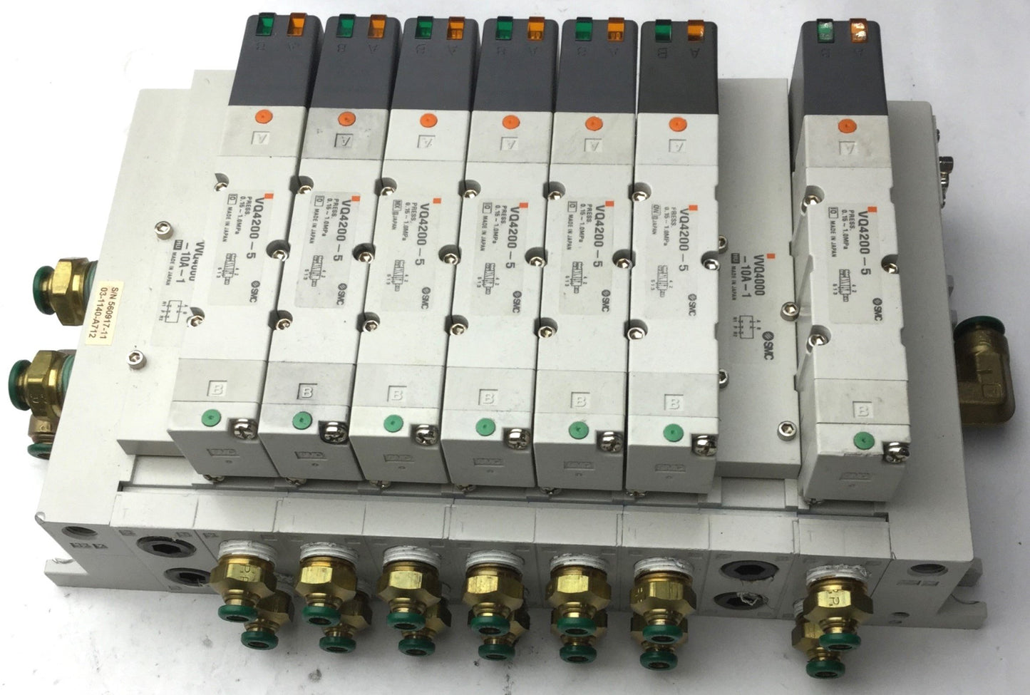 Used Bank of 7 SMC VQ4200-5 Solenoid Valve, 2-Position 5-Port, 24VDC, 0.15-1.0MPa
