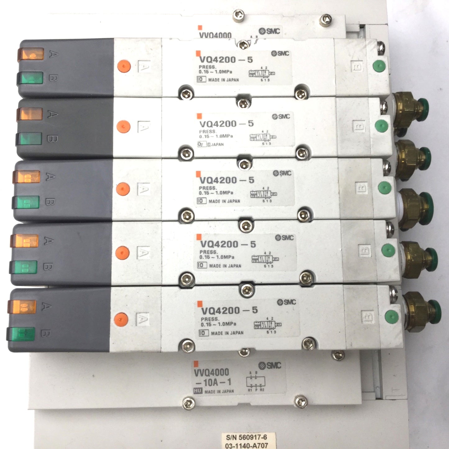 Used Bank of 5 SMC VQ4200-5 Solenoid Valve, 24VDC, 2-Position 5-Port, 0.15-1.0MPa
