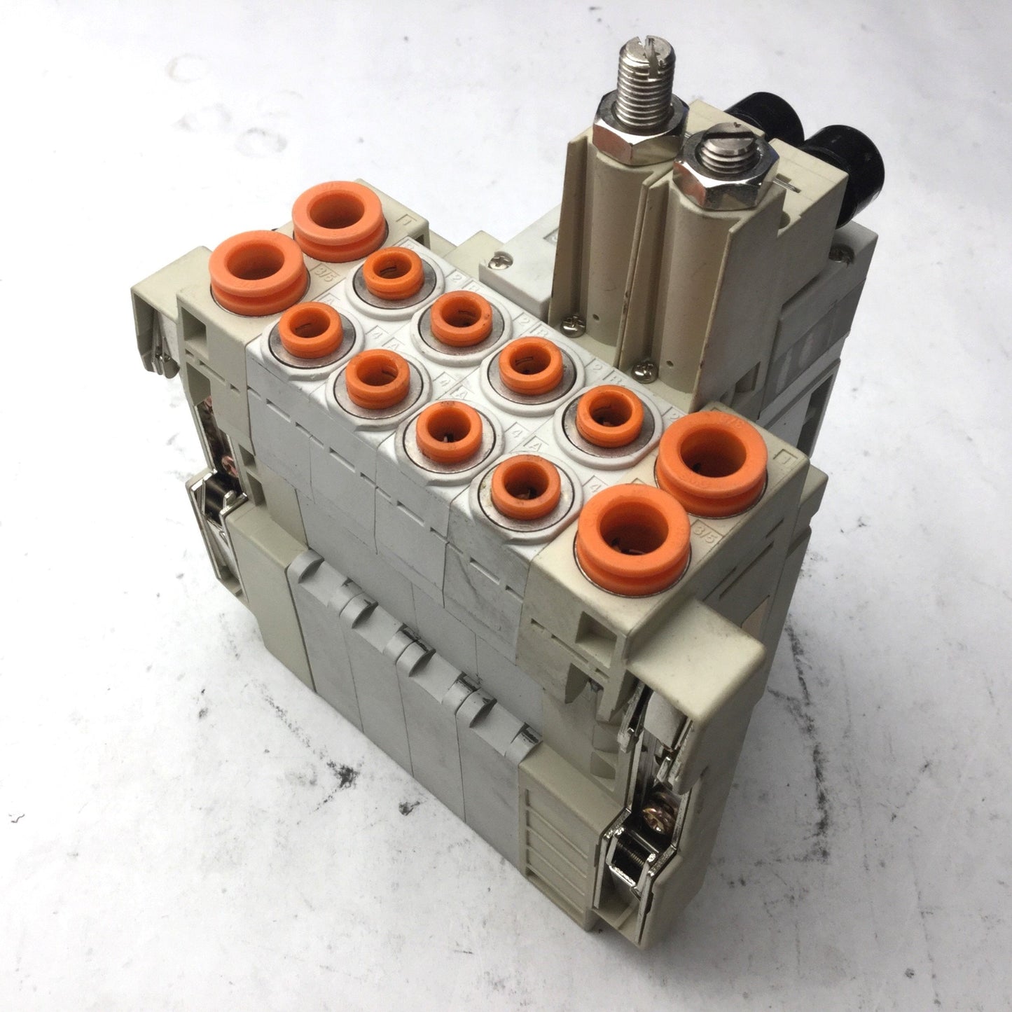 Used Bank of 3 SMC Solenoid Valves, 3x SV2300-5FU, 3-Pos 5-Way, Center Closed