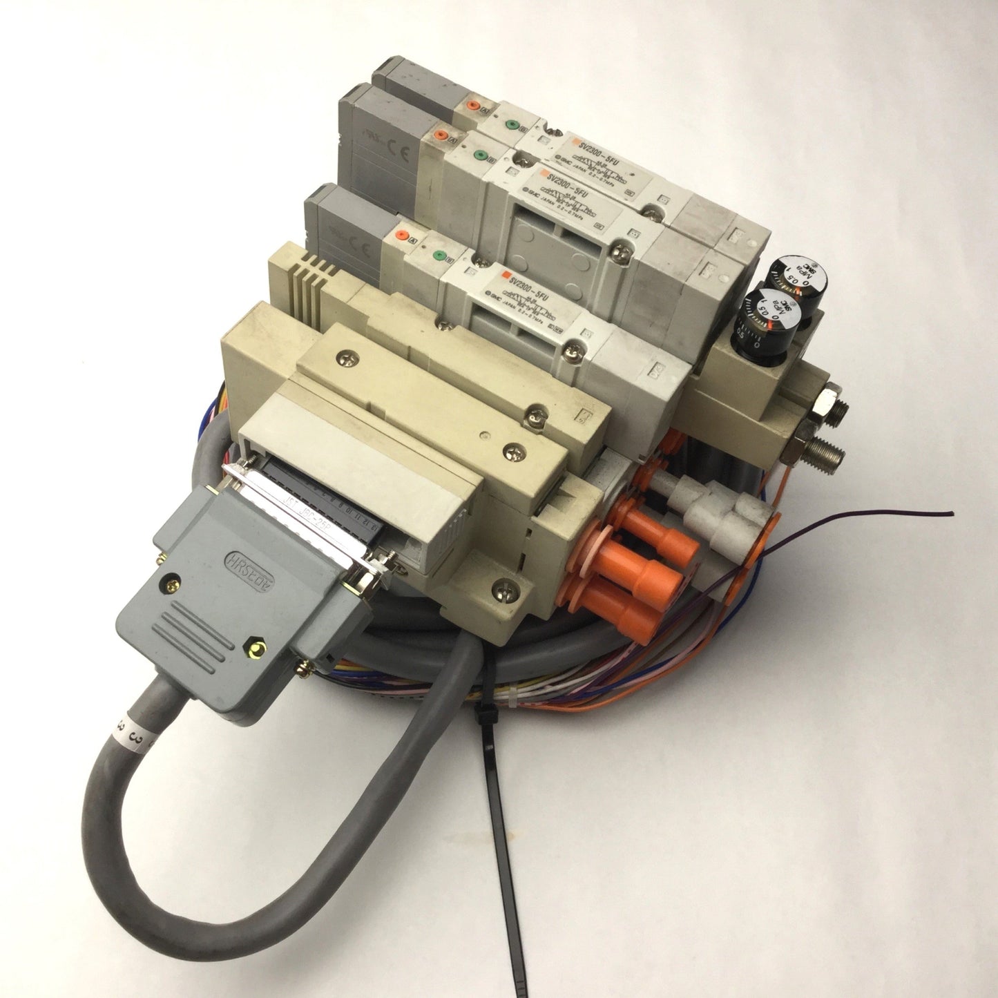 Used Bank of 3 SMC Solenoid Valves, 3x SV2300-5FU, 3-Pos 5-Way, *Bad Connection*