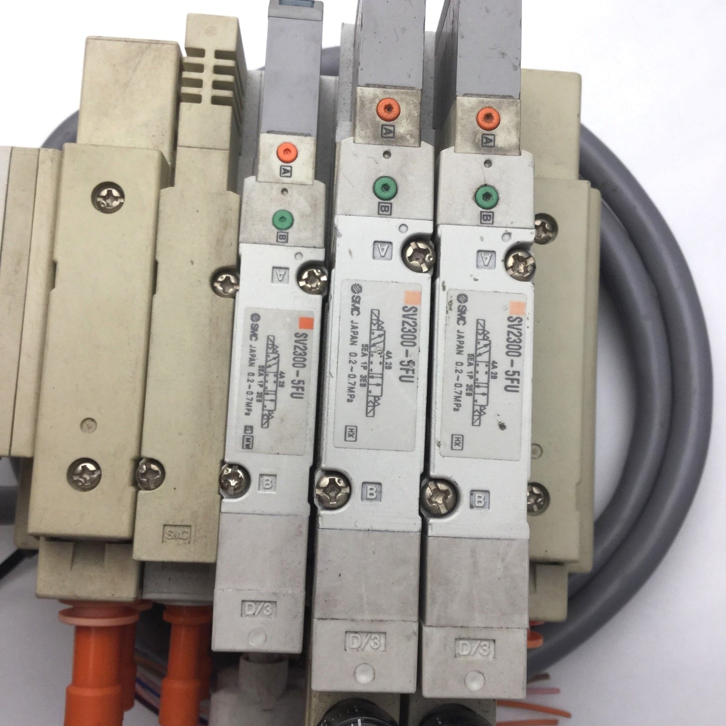 Used Bank of 3 SMC Solenoid Valves, 3x SV2300-5FU, 3-Pos 5-Way, *Bad Connection*